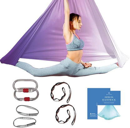 Aerial Silk Yoga Hammock & Swing for Home, Inversion Exercises, Starter Kit for All Levels - Durable with Extension Straps, Carabiners, and Pose Guide
