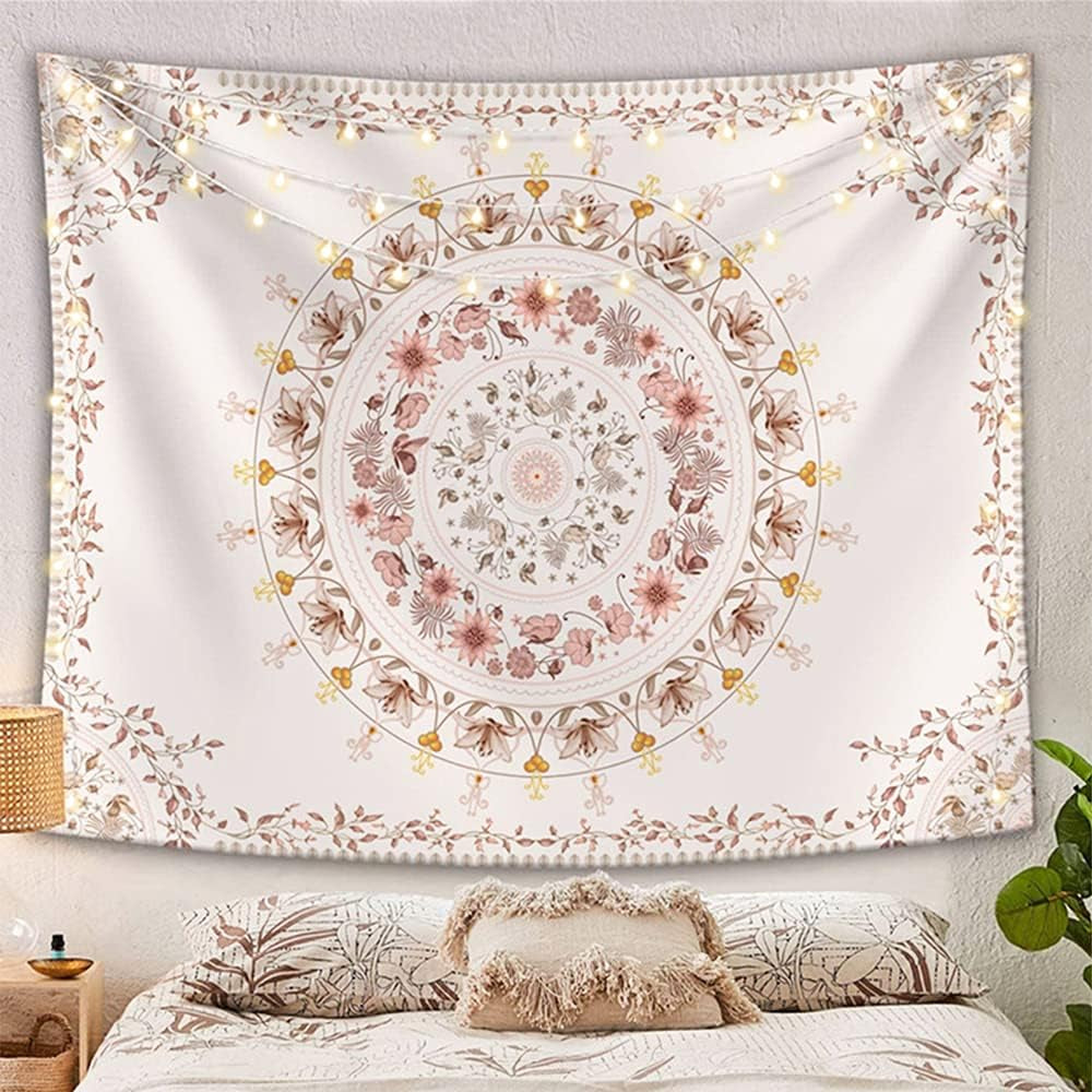 Mandala Tapestry Wall Hanging Flower Psychedelic Tapestry Wall Hanging Decor for Living Room Bedroom Bohemian Plant Print (Off-White, 51.18" X 59.06")