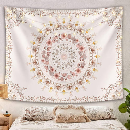 Mandala Tapestry Wall Hanging Flower Psychedelic Tapestry Wall Hanging Decor for Living Room Bedroom Bohemian Plant Print (Off-White, 51.18" X 59.06")