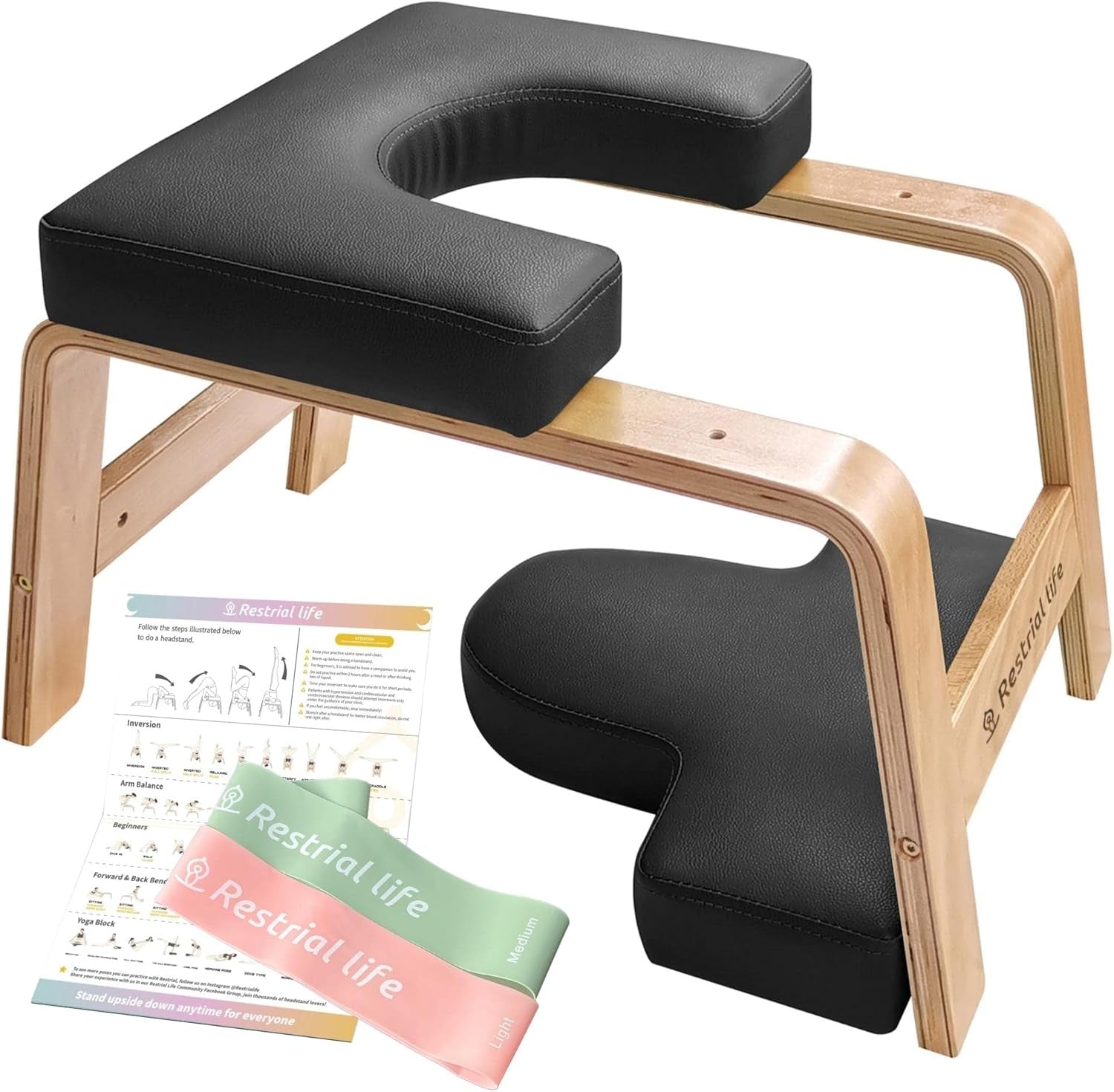 Yoga Headstand Bench- Stand Yoga Chair for Family, Gym - Wood and PU Pads - Relieve Fatigue and Build up Body (Multi-Color)