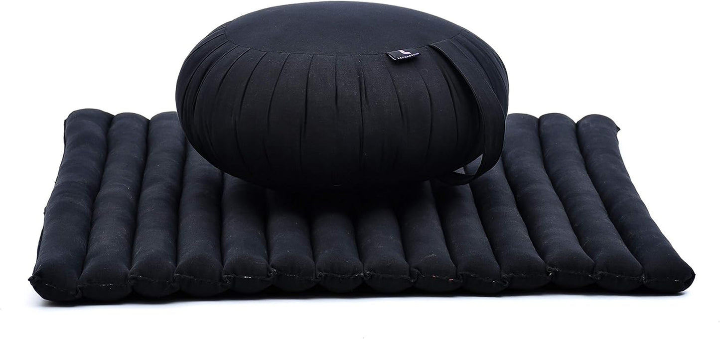Meditation Cushion Set – 1 round Zafu Meditation Pillow and 1 Square Roll-Up Zabuton Meditation Mat, Pillows Bundle Filled with Kapok