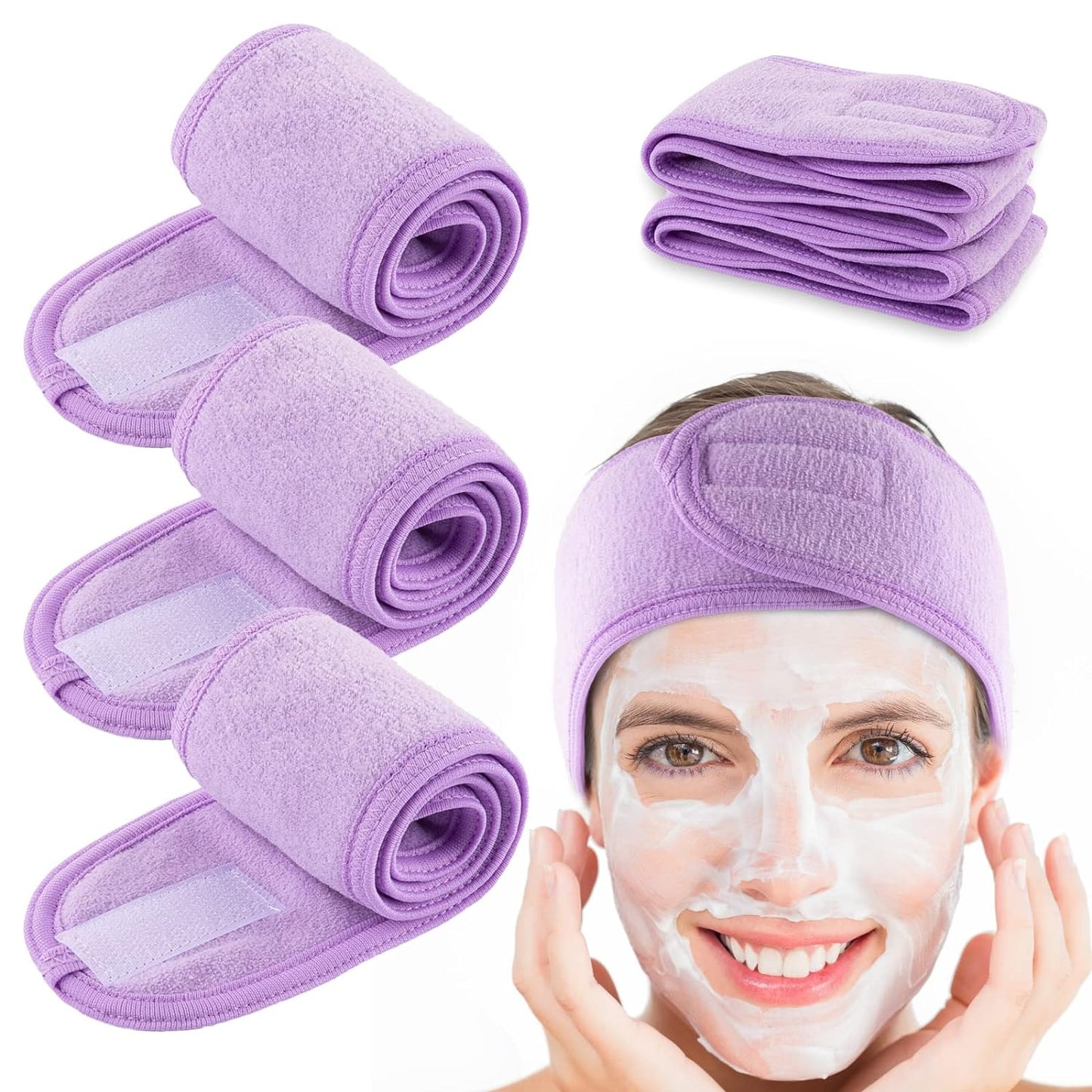 Spa Facial Headband  4 Packs Head Wrap Terry Cloth Headband Adjustable Stretch Towel for Bath, Makeup and Sport (Purple)