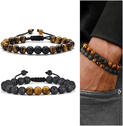 Natural Stone Bracelets for Men - 8Mm Tiger Eye, Matte Agate, Lava Rock - Teen Boys Gifts for Birthday, Anniversary, Christmas