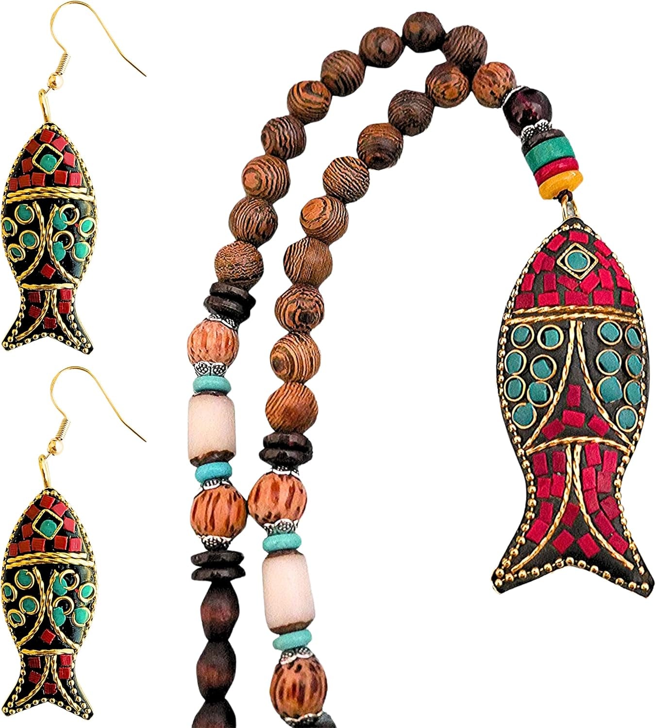 Bohemian Beaded Necklace for Women Long Boho Pendant Wood Mala Beads Wooden Strand Tassel Stone Bohemian Necklaces for Women Jewelry